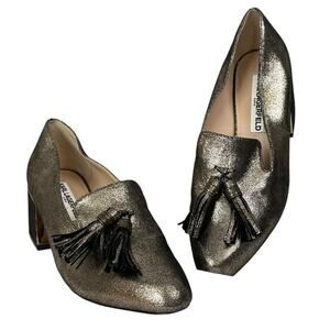 Karl Lagerfeld Mae Tassel Chunky Block Heels Metallic Gold Leather Size 7.5
